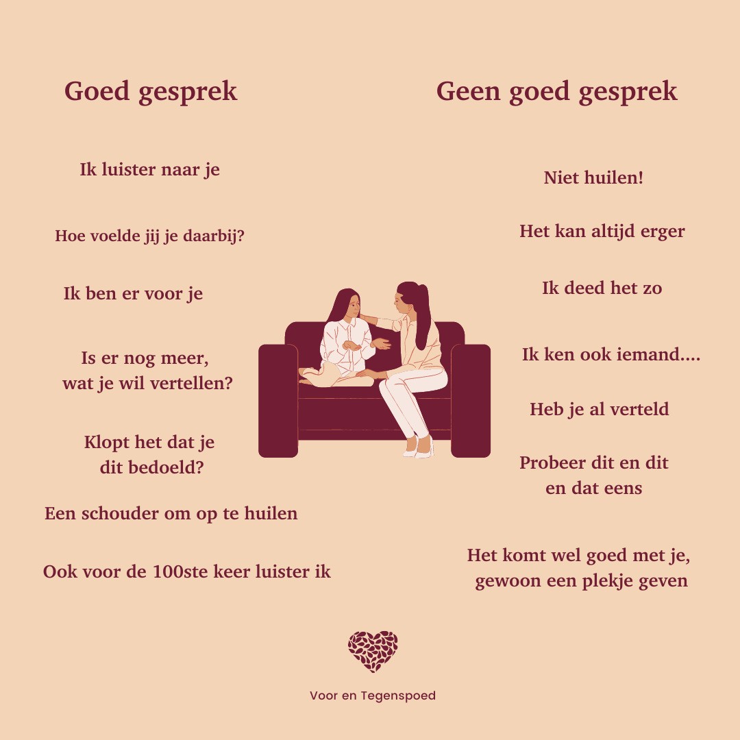 We vinden het vaak lastig wanneer een dierbaar iemand het moeilijk heeft. Vaak worden er dan dingen gezegd in een gesprek die helemaal niet rot bedoeld zijn maar wel zo over kunnen komen. We hebben vast allemaal wel eens een rot gevoel overgehouden aan een gesprek als je in een moeilijke fase zit, waar je van weet dat diegene het niet zo bedoeld. We hebben vast allemaal wel een van onderstaande mee gemaakt: ‘Ik ken ook iemand die … heeft en die gaat daar en daar heen en kan gewoon werken’, ‘Niet huilen’, ‘Sterk zijn’, ‘Ben je nu nog daarom aan het rouwen?!’ ‘Het komt wel goed, je moet het gewoon een plekje geven’. Probeer wanneer iemand het moeilijk heeft eens de zinnen van de andere kolom in het plaatje! #rouw #verlies #levendverlies #chronischziek #pijn #liefde #mantelzorg #verliesbegelieding #communiceren #rouw #helpelkaar #dood #verdriet #pijn #taboe #gesprek #praten #uitvaart #rouwenverlies